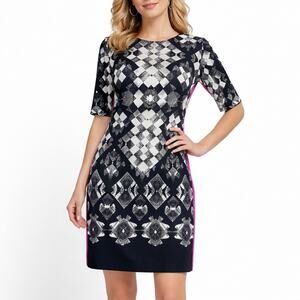 Eliza J Geometric Printed Short Sleeve Shift Dress Pink Stripe Size 2